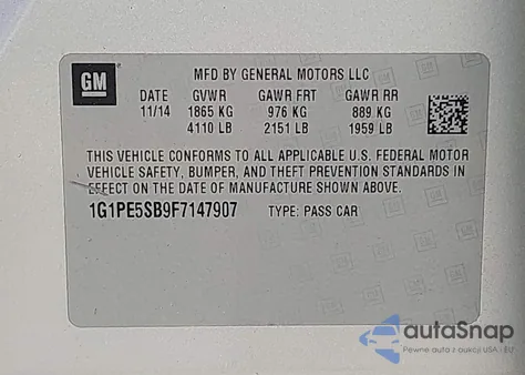 2015 Chevrolet Cruze 2Lt Auto из США, поврежденный, VIN 1G1PE5SB9F7147907